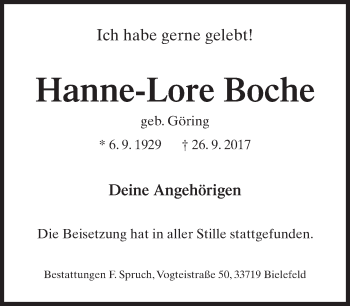 Traueranzeige von Hanne-Lore Boche von Neue Westfälische