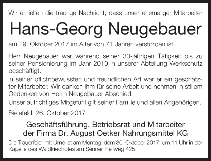  Traueranzeige für Hans-Georg Neugebauer vom 28.10.2017 aus Neue Westfälische