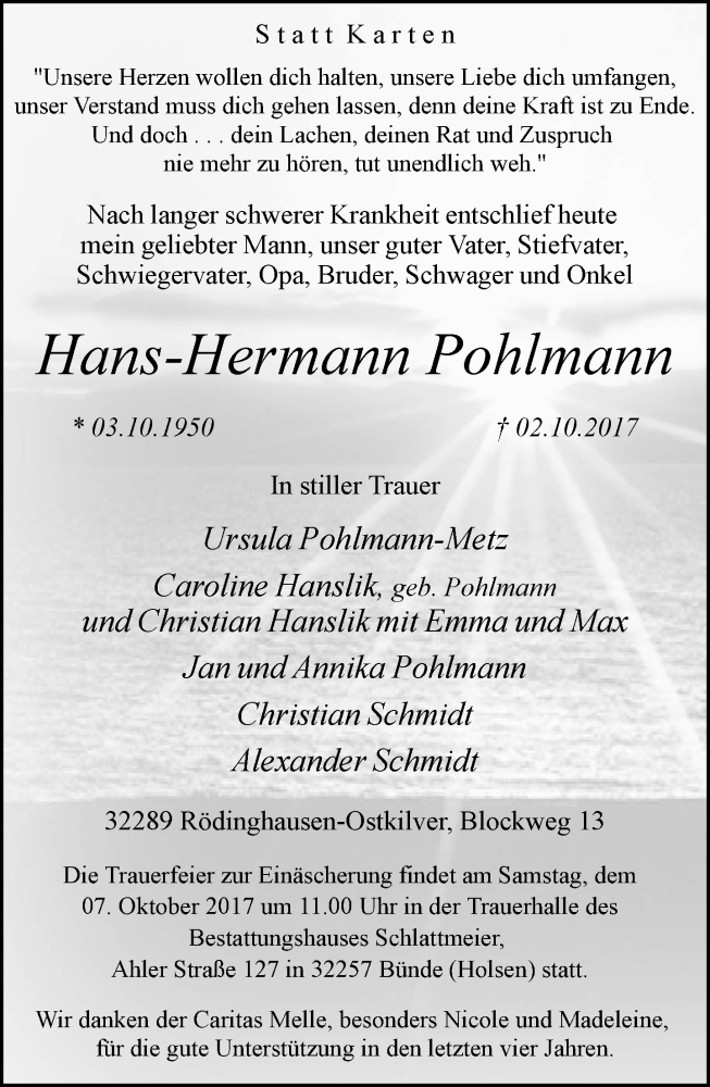  Traueranzeige für Hans-Hermann Pohlmann vom 05.10.2017 aus Neue Westfälische