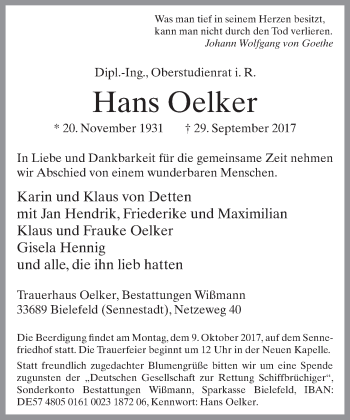 Traueranzeige von Hans Oelker von Neue Westfälische
