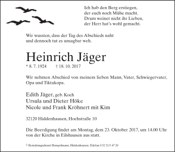 Traueranzeige von Heinrich Jäger von Neue Westfälische
