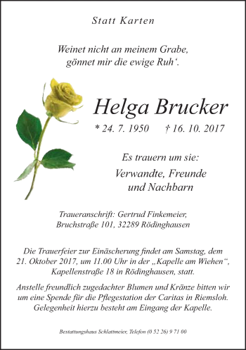 Traueranzeige von Helga Brucker von Neue Westfälische