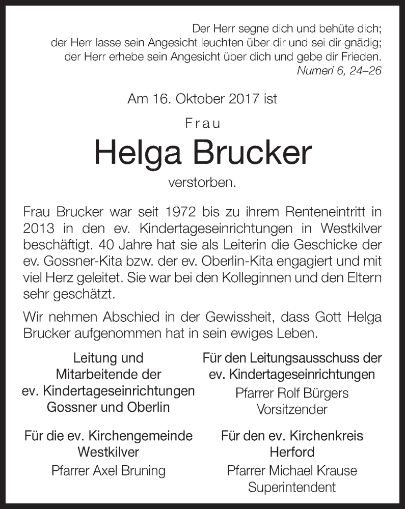  Traueranzeige für Helga Brucker vom 28.10.2017 aus Neue Westfälische