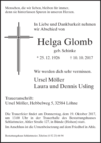 Traueranzeige von Helga Glomb von Neue Westfälische