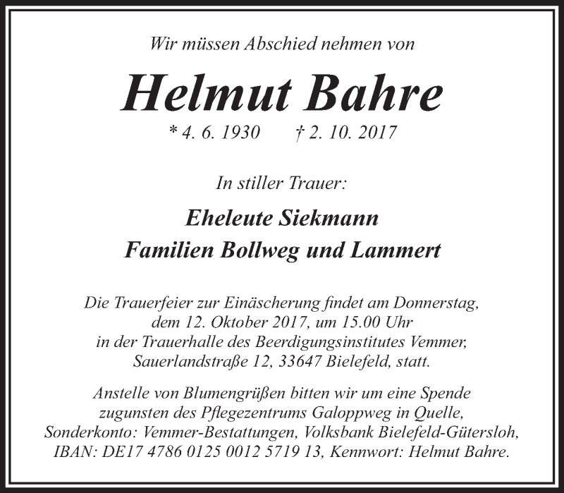  Traueranzeige für Helmut Bahre vom 07.10.2017 aus Neue Westfälische