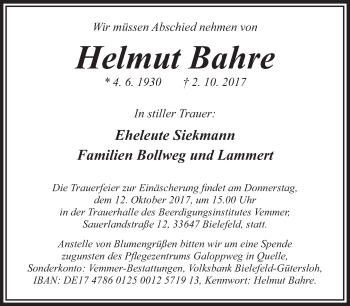 Traueranzeige von Helmut Bahre von Neue Westfälische