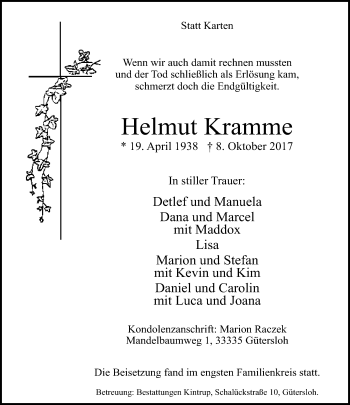 Traueranzeige von Helmut Kramme von Neue Westfälische