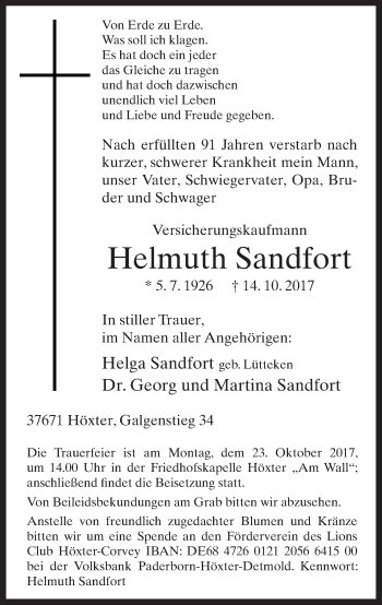 Traueranzeige von Helmuth Sandfort von Neue Westfälische