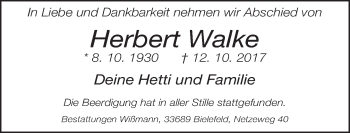Traueranzeige von Herbert Walke von Neue Westfälische