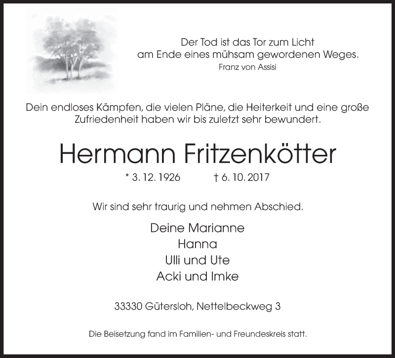  Traueranzeige für Hermann Fritzenkötter vom 21.10.2017 aus Neue Westfälische