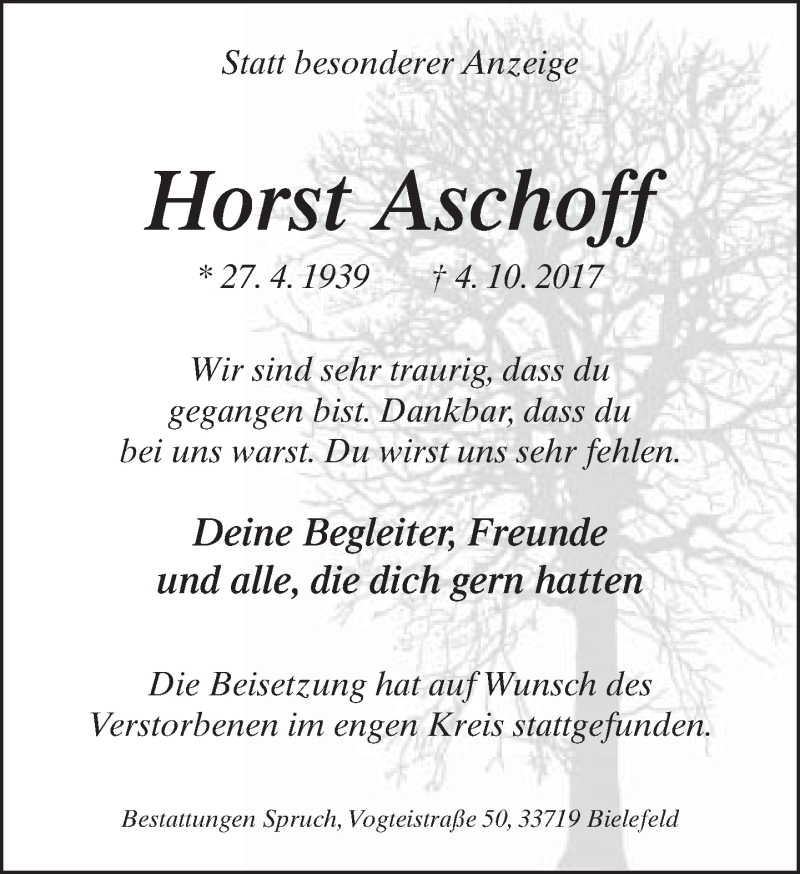  Traueranzeige für Horst Aschoff vom 14.10.2017 aus Neue Westfälische