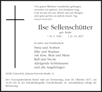Traueranzeige von Ilse Sellenschütter von Neue Westfälische