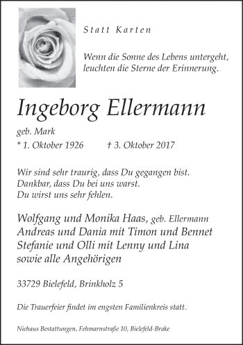 Traueranzeige von Ingeborg Ellermann von Neue Westfälische