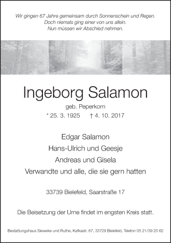 Traueranzeige von Ingeborg Salamon von Neue Westfälische