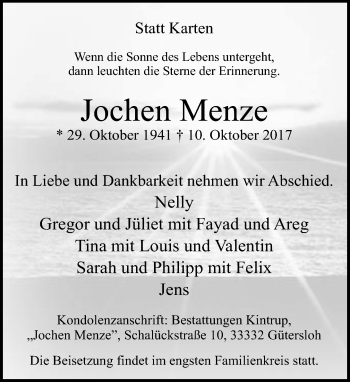 Traueranzeige von Jochen Menze von Neue Westfälische