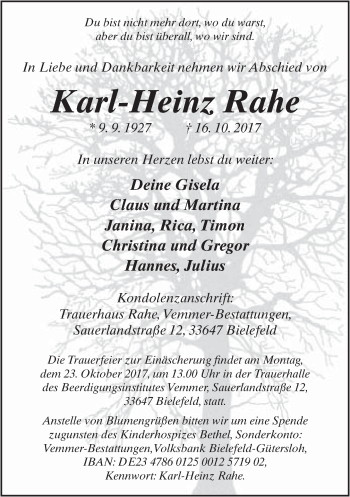 Traueranzeige von Karl-Heinz Rahe von Neue Westfälische