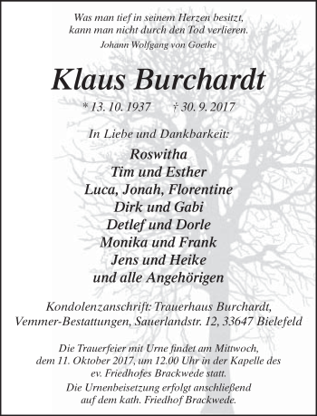Traueranzeige von Klaus Burchardt von Neue Westfälische