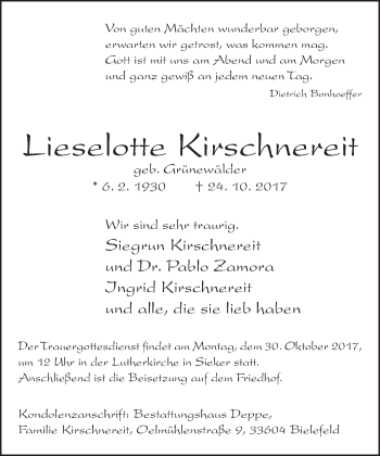 Traueranzeige von Lieselotte Kirschnereit von Neue Westfälische