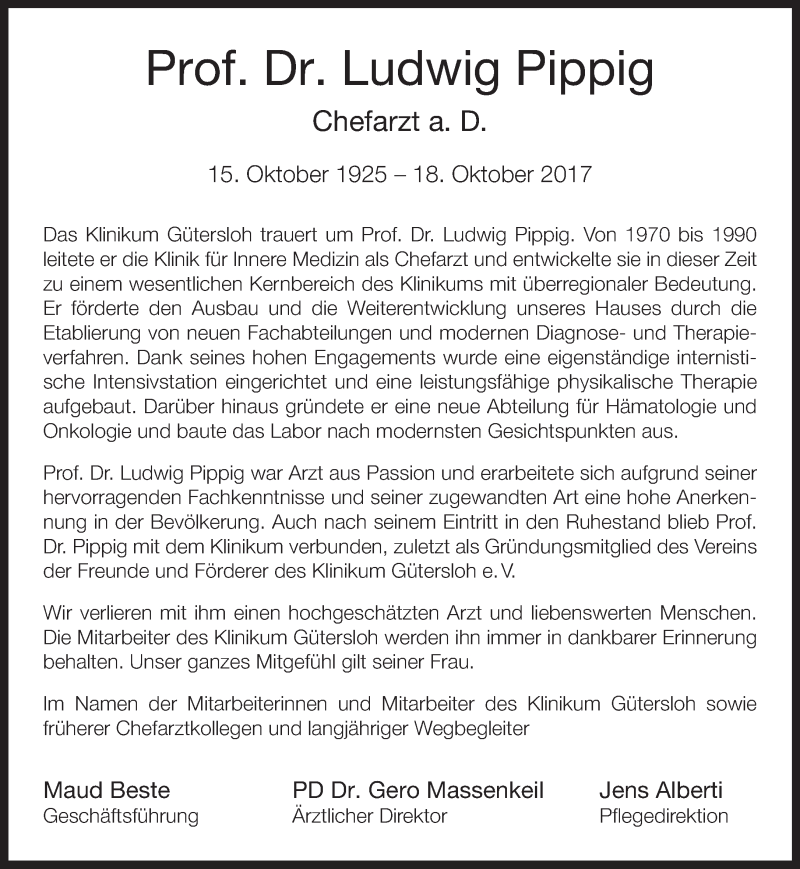  Traueranzeige für Ludwig Pippig vom 25.10.2017 aus Neue Westfälische
