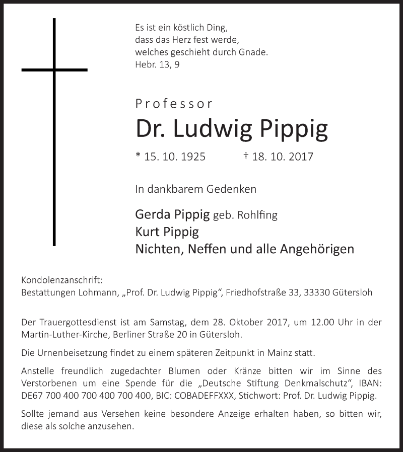  Traueranzeige für Ludwig Pippig vom 24.10.2017 aus Neue Westfälische