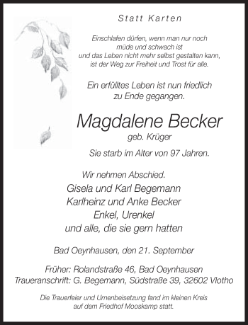 Traueranzeige von Magdalene Becker von Neue Westfälische