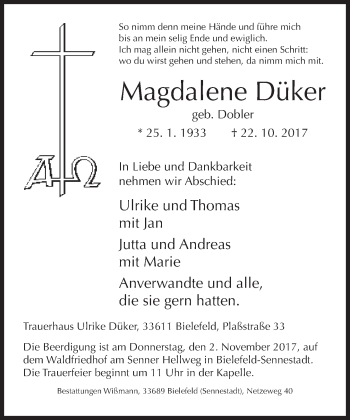 Traueranzeige von Magdalene Düker von Neue Westfälische