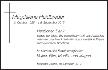 Traueranzeige von Magdalene Heidbreder von Neue Westfälische