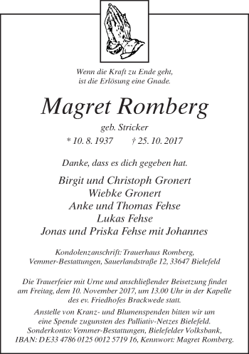 Traueranzeige von Magret Romberg von Neue Westfälische