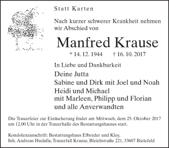 Traueranzeige von Manfred Krause von Neue Westfälische