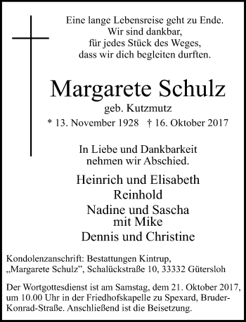 Traueranzeige von Margarete Schulz von Neue Westfälische