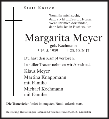 Traueranzeige von Margarita Meyer von Neue Westfälische