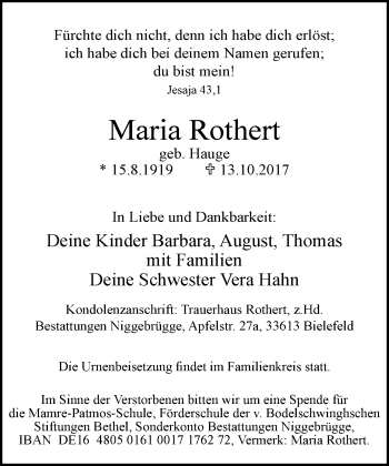 Traueranzeige von Maria Rothert von Neue Westfälische
