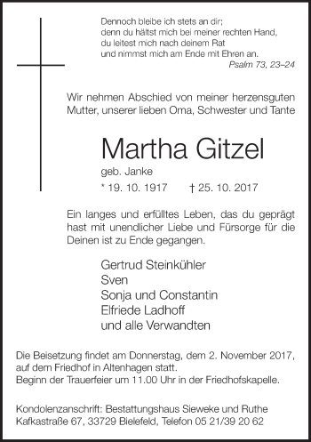 Traueranzeige von Martha Gitzel von Neue Westfälische