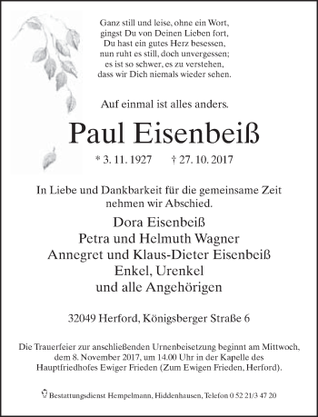 Traueranzeige von Paul Eisenbeiß von Neue Westfälische