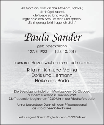 Traueranzeige von Paula Sander von Neue Westfälische