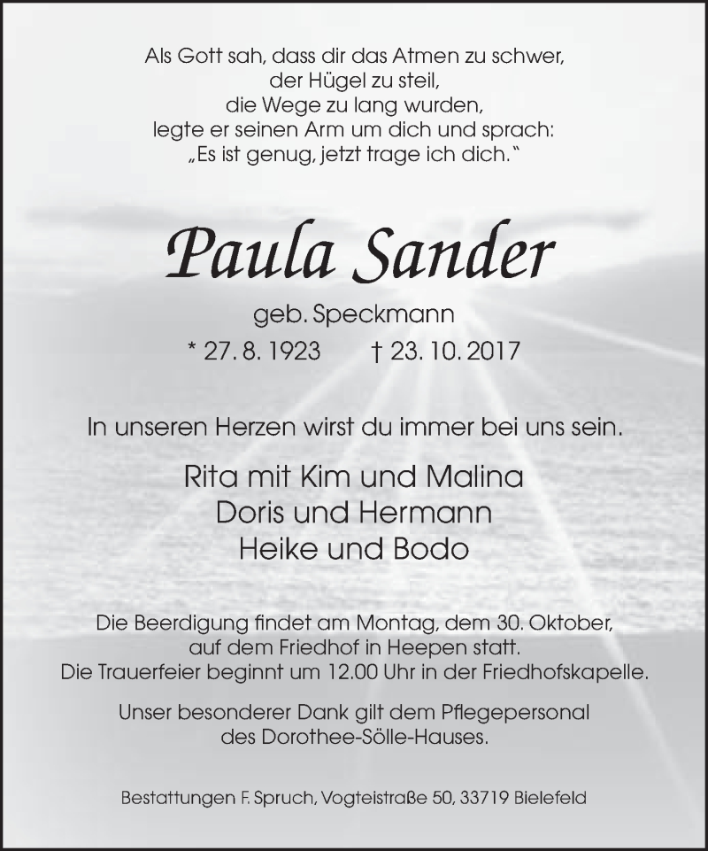  Traueranzeige für Paula Sander vom 26.10.2017 aus Neue Westfälische