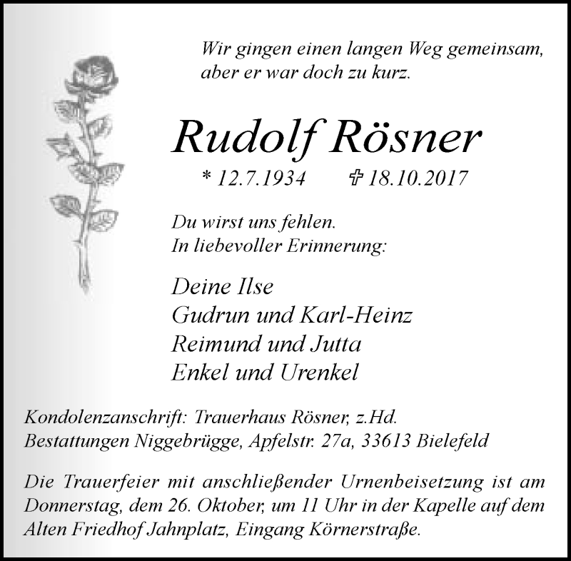  Traueranzeige für Rudolf Rösner vom 21.10.2017 aus Neue Westfälische