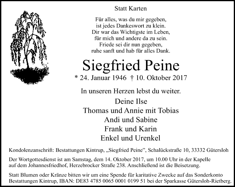  Traueranzeige für Siegfried Peine vom 12.10.2017 aus Neue Westfälische