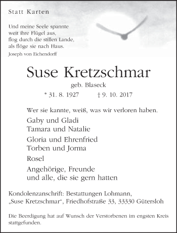 Traueranzeige von Suse Kretzschmar von Neue Westfälische