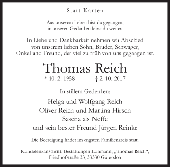 Traueranzeige von Thomas Reich von Neue Westfälische