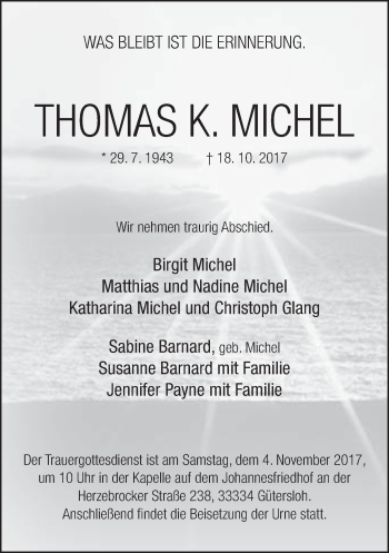 Traueranzeige von Thomas K. Michel von Neue Westfälische