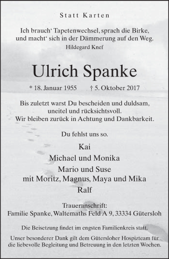 Traueranzeige von Ulrich Spanke von Neue Westfälische