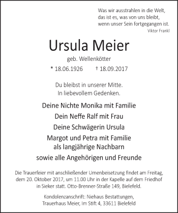Traueranzeige von Ursula Meier von Neue Westfälische