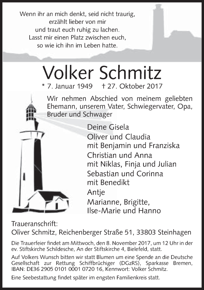  Traueranzeige für Volker Schmitz vom 31.10.2017 aus Neue Westfälische