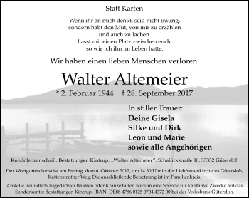 Traueranzeige von Walter Altemeier von Neue Westfälische