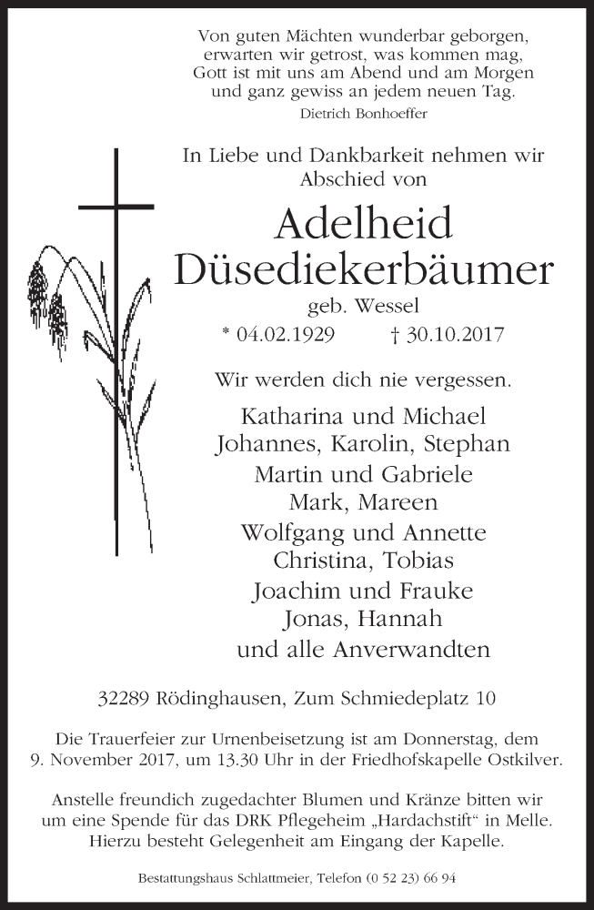  Traueranzeige für Adelheid Düsediekerbäumer vom 04.11.2017 aus Neue Westfälische