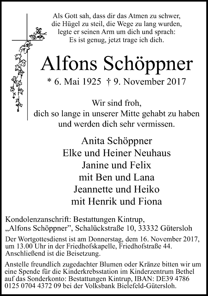  Traueranzeige für Alfons Schöppner vom 11.11.2017 aus Neue Westfälische