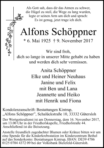 Traueranzeige von Alfons Schöppner von Neue Westfälische