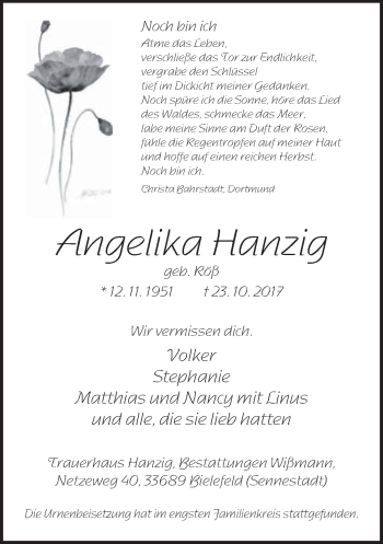 Traueranzeige von Angelika Hanzig von Neue Westfälische