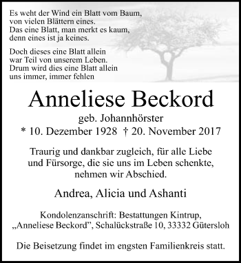Traueranzeige von Anneliese Beckord von Neue Westfälische